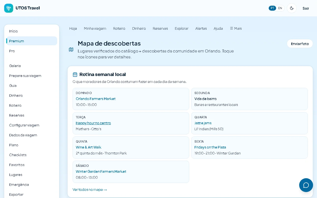 Mapa de descobertas do UTOS com locais verificados em Orlando