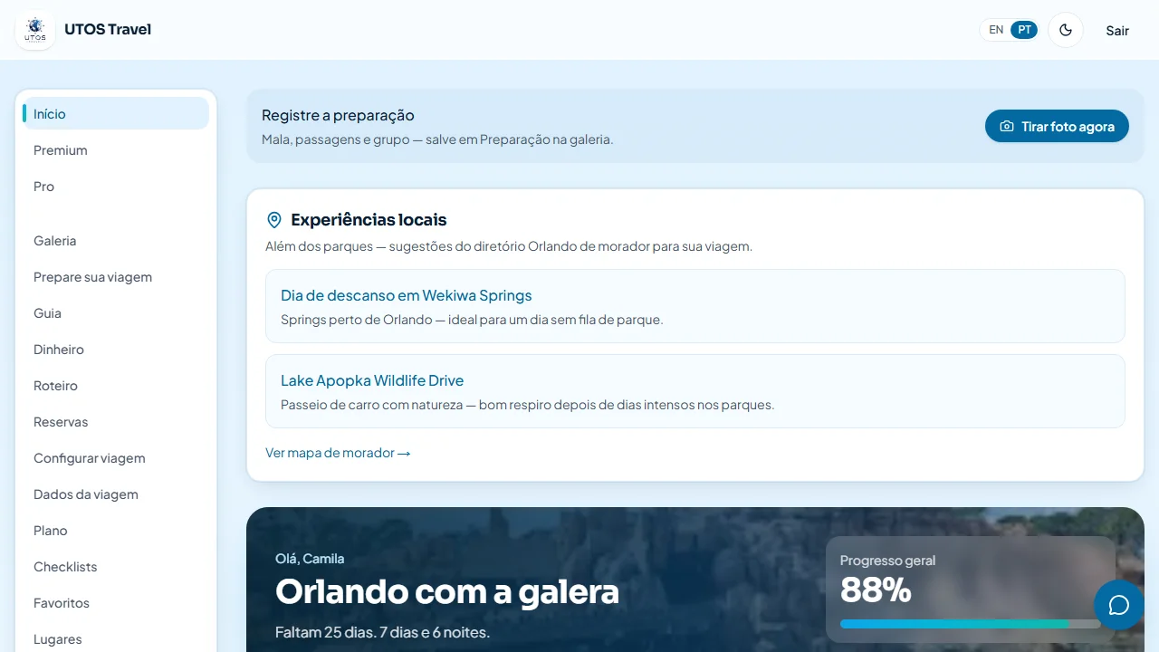 UTOS Travel dashboard showing trip preparation progress